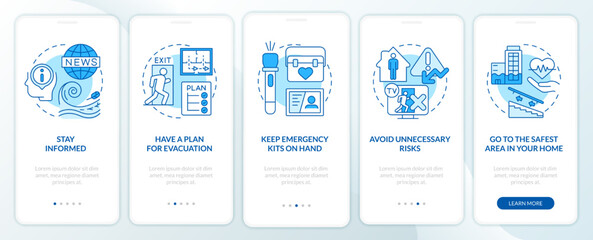 Disaster preparedness blue onboarding mobile app screen. Walkthrough 5 steps editable graphic instructions with linear concepts. UI, UX, GUI template. Myriad Pro-Bold, Regular fonts used
