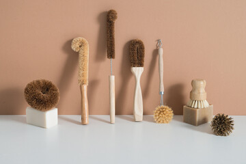 Fototapeta na wymiar set of zero waste bamboo brushes for dishwashing