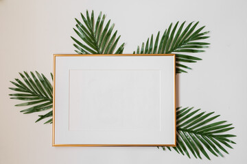 Mock up poster. Minimal template with empty picture frame mock up. White background with plants