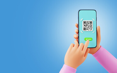 Cartoon holding smartphone for QR code scanning icon in smartphone, QR code for payment or certification validate concept, on pink background, 3D render illustration