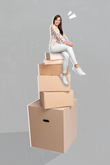 Vertical composite collage picture of positive cheerful girl sitting huge pile stack boxes isolated...