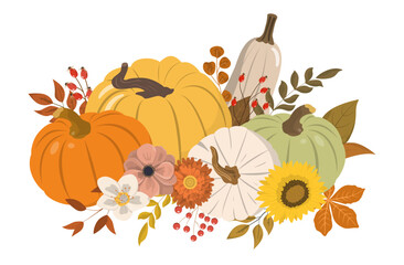 Cute autumn color pumpkins, flowers, berries, and leaves clipart. Isolated on white background. Seasonal design for greeting or poster.
