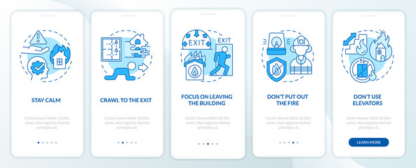 Escape house from fire blue onboarding mobile app screen. Walkthrough 5 steps editable graphic instructions with linear concepts. UI, UX, GUI template. Myriad Pro-Bold, Regular fonts used