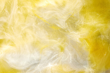 Liquid fluid art abstract background. White, yellow dancing acrylic paints underwater, space smoke ocean