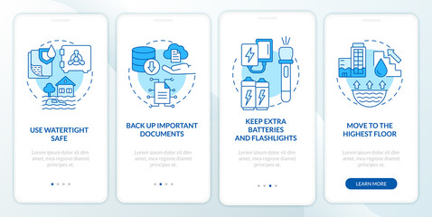 Flood safety measures blue onboarding mobile app screen. Walkthrough 4 steps editable graphic instructions with linear concepts. UI, UX, GUI template. Myriad Pro-Bold, Regular fonts used