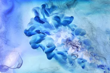 Papier Peint photo Cristaux Liquid fluid art abstract background. Blue acrylic paint underwater, galactic smoke ocean