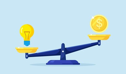 Money and idea balance. Investor compare business ideas and finance on scales. Gold coin and light bulb on scale. Buying creative project or investment in startup