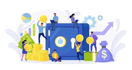 Safe with dollar banknotes, coins in deposit box. Business people investing money on bank account. Cash protection, savings in moneybox. Financial saving insurance concept