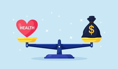 Money and health balance. Healthcare, wealth earning on scales. Money bag versus red heart on scale. Imbalance of lifestyle and work. Comparison of business stress and healthy life