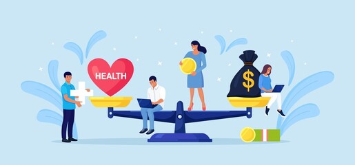 Naklejka premium Money and health balance. Healthcare, wealth earning on scales. Stack of cash versus red heart on scale. Imbalance of lifestyle and work. Tiny people compare business stress and healthy life
