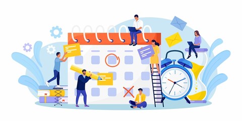 Planning schedule. Businessman checking events Date on Huge Calendar. Effective Time Management. People organizing Life Events Notification, Memo Reminder, Work Plans. Man scheduling appointments