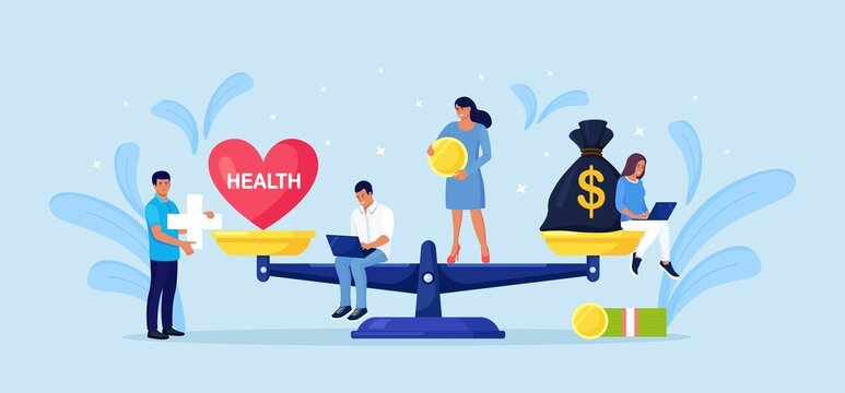 Money And Health Balance. Healthcare, Wealth Earning On Scales. Stack Of Cash Versus Red Heart On Scale. Imbalance Of Lifestyle And Work. Tiny People Compare Business Stress And Healthy Life