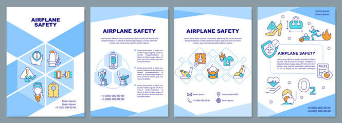 Airplane safety blue brochure template. Emergency evacuation. Leaflet design with linear icons. Editable 4 vector layouts for presentation, annual reports. Arial-Black, Myriad Pro-Regular fonts used