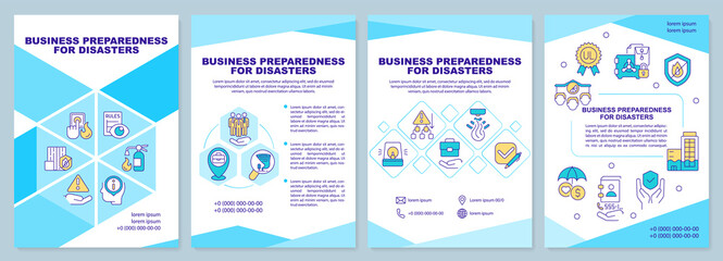 Business preparedness for disaster cyan brochure template. Leaflet design with linear icons. Editable 4 vector layouts for presentation, annual reports. Arial-Black, Myriad Pro-Regular fonts used