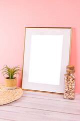 Mock up poster. Minimal template with empty picture frame mock up. Pink background