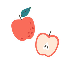 Fresh apple with half apple. Summer fruit. Healthy food. Vector illustration in flat style