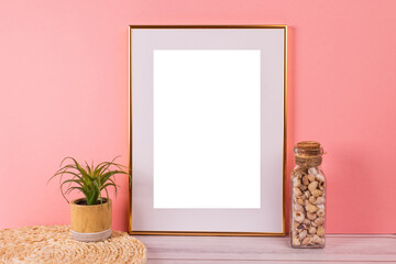 Mock up poster. Minimal template with empty picture frame mock up. Pink background