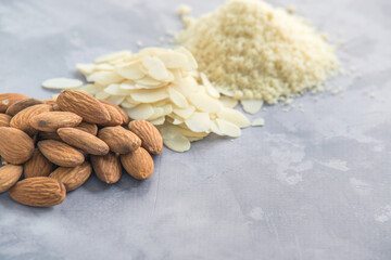 almonds, flakes and flour made from it. top view