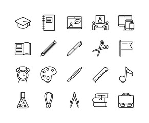 School and education flat line icons set. Book, graduate hat, pen, pencil and other. Simple flat vector illustration for web site or mobile app