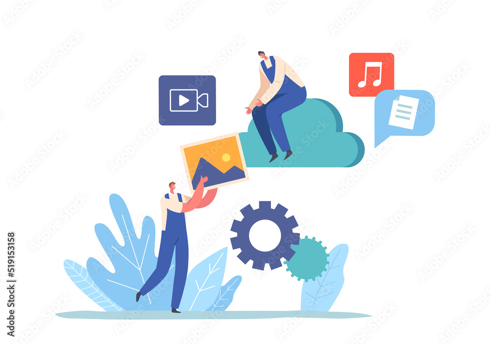 Poster data storage, recovery and backup concept. workers characters restore media files into cloud storage