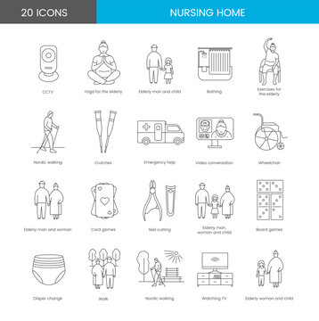 A set of icons for a nursing home with the image of video surveillance, exercises and yoga, a walk in the park and Nordic walking, getting help and care.