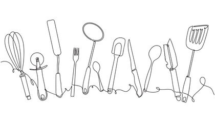 Cutlery background sketch. Single line drawing of isolated kitchen utensils. Culinary design poster. Vector illustration.
