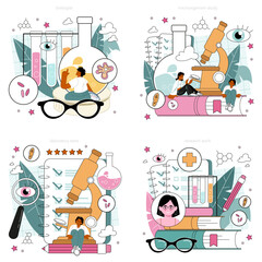 Bioloist concept set. Scientist make laboratory study and analysis of life