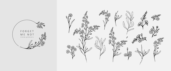 Set of luxury flowers and logo. Trendy botanical elements. Hand drawn line leaves branches and blooming. Wedding elegant wildflowers for invitation save the date card. Vector