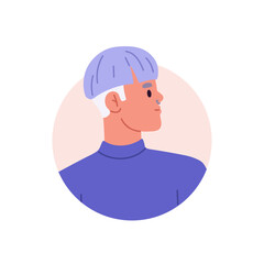 Young modern man face portrait. Creative person head profile, circle avatar. Trendy guy with colored hair and piercing, ring in nose. Flat graphic vector illustration isolated on white background