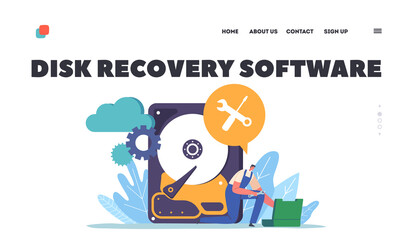 Obraz premium Disk Recovery Software Landing Page Template. Backup, Data Protection, Hardware Repair. Tiny Worker Fixing Broken Hd