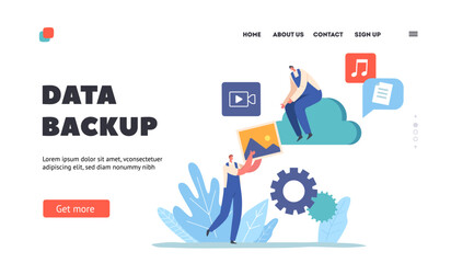 Data Recovery and Backup Landing Page Template. Workers Characters Restore Files into Cloud Storage on Virtual Server