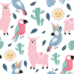 Seamless pattern with colorful parrots, alpacas and cacti. Cute baby style.