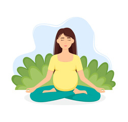 Pregnant meditating woman. Meditation concept. Girl in lotus position practicing yoga, vector illustration