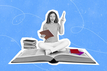 Composite collage illustration of funny kid girl black white colors sit huge book point finger...