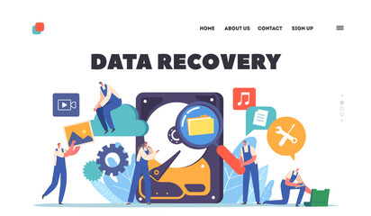 Data Recovery Landing Page Template. Tiny Workers Characters with Tools around of Huge Hard Disk. Information Backup