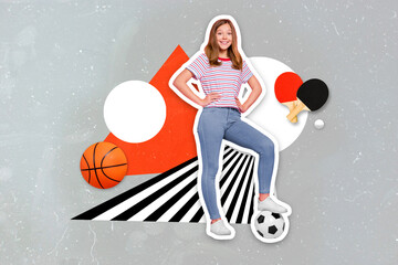 Creative collage picture of positive cheerful girl out hands waist sport ad football basketball...
