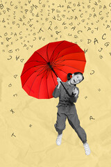 Vertical collage image of overjoyed amazed girl black white colors hold umbrella drawing letters...