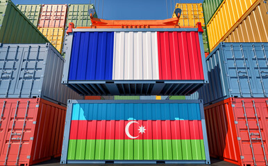 Cargo containers with France and Azerbaijan national flags. 3D Rendering