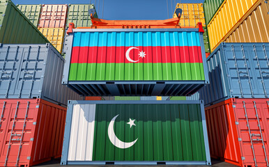 Cargo containers with Pakistan and Azerbaijan national flags. 3D Rendering