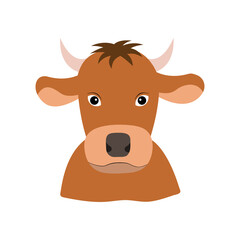 Cute brown bull head in a flat style. Simple illustration isolated on a white background