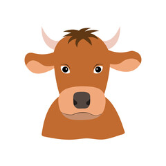Fototapeta premium Cute brown bull head in a flat style. Simple illustration isolated on a white background