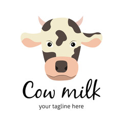 Cute spotted cow head in a flat style. Simple illustration isolated on a white background. Logo template