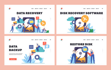 Data Recovery Landing Page Template Set. Tiny Workers Characters with Tools around of Huge Hard Disk. Information Backup