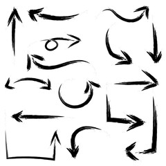 Drawn set of black arrows, watercolor or acrylic style. Vector graphic.