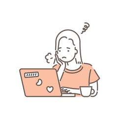 ノートパソコンを操作している女性のイラスト 悩みや不安