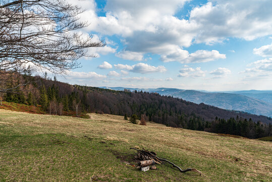 View from Blatnia hill in early springtime Beskid Slaski mountains in Poland