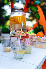 lemonade in the jug. Beautiful and comfortable utensils for soft drinks
