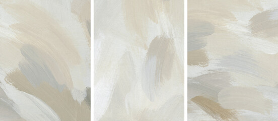 Neutral abstract art background set. Hand painted textured acrylic template. Artistic texture with paint brush strokes - obrazy, fototapety, plakaty