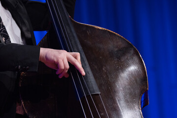 A hand of an acoustic double bass player playing the instrument during a live show on a stage with...