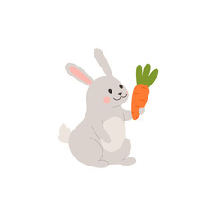 Cute gray rabbit holding carrot flat style, vector illustration